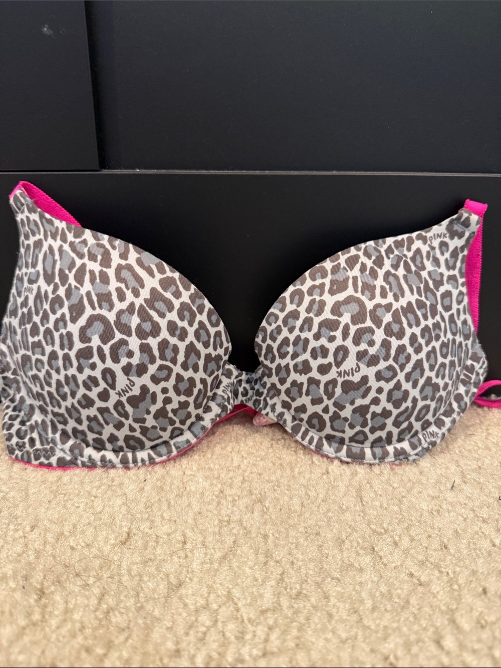 PINK Victoria's Secret Gray Leopard Print Underwire Bra with Hot Pink Trim